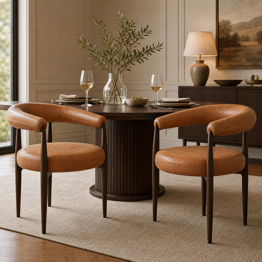 2 Pcs Curved Back Dining Chairs, Iron Frame Upholstered PU Leather Accent Side Chairs, Reddish Brown Coffee-Gold Vintage Barrel Dining Arm Chairs for Kitchen Dining Room Restaurant