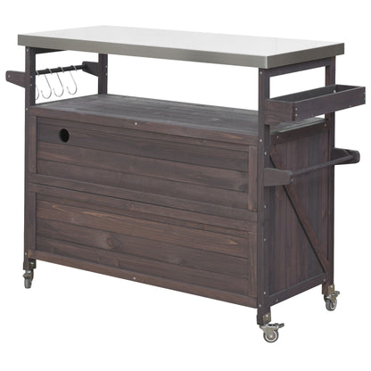 K&K Outdoor Kitchen Island, Rolling Bar Cart & Storage Cabinet, Farmhouse Solid Wood Outdoor Grill Table with Stainless Steel Top – Brown