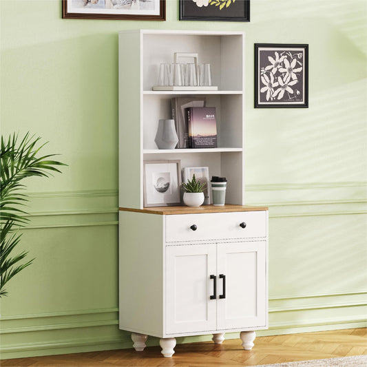 ON-TREND Farmhouse Storage Cabinet with 4 Solid Wood Gourd-Shaped Legs, Modern Kitchen Pantry Cabinet with Adjustable Shelves – White