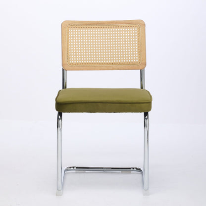 Mid Century Modern Dining Chairs Set of 2, Velvet Accent Chairs with Natural Cane Back & Stainless Chrome Base