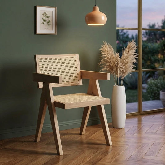 Mid-Century Modern Solid Wood Dining Accent Chair with Natural Rattan Cane Back & Seat, Vintage V-Leg Armchair for Living Room, Dining Room, Home Office