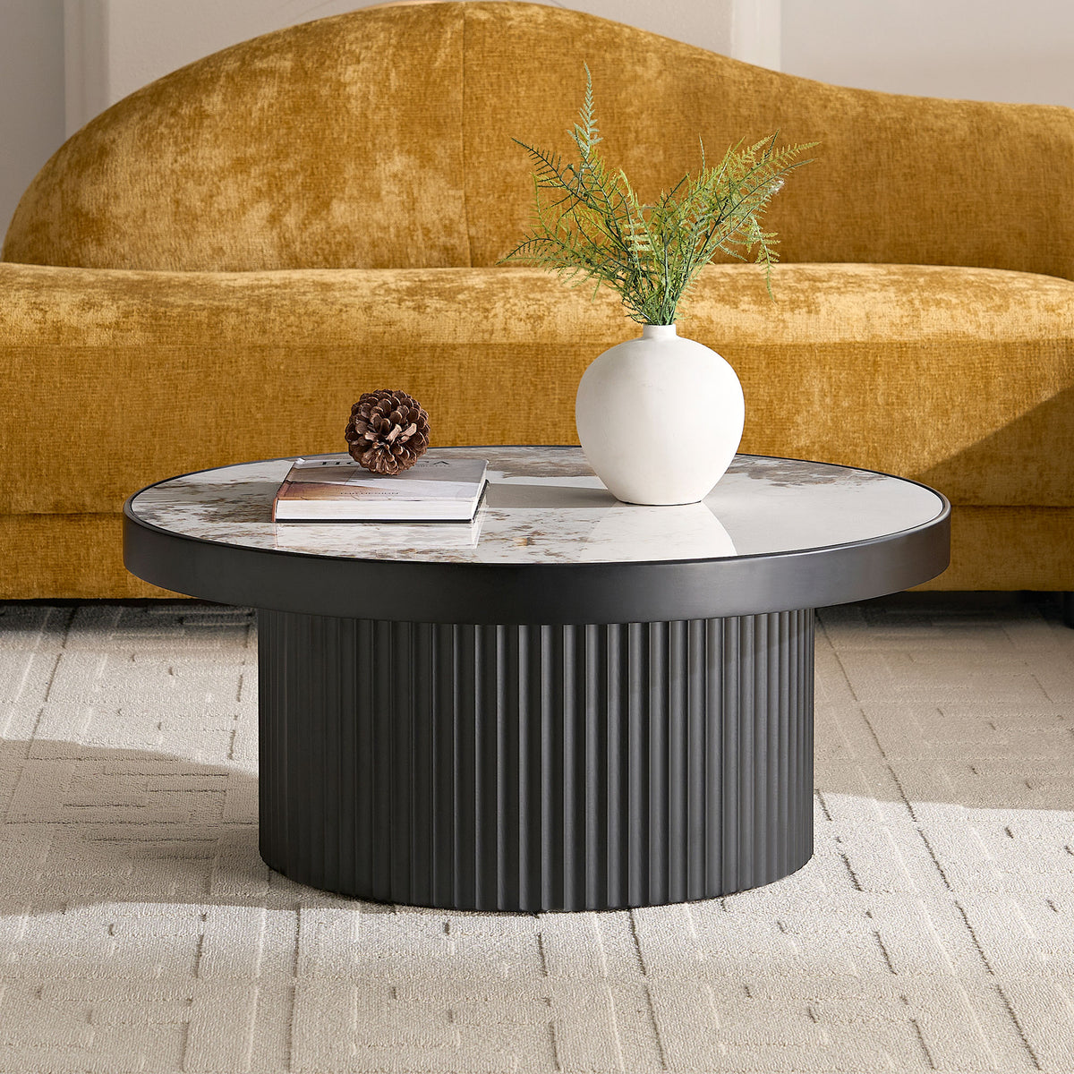 Set of 2 Coffee Table,MDF Round Coffee Table Sintered Stone Tabletop for Living Room Apartment,Leisure Area BLACK