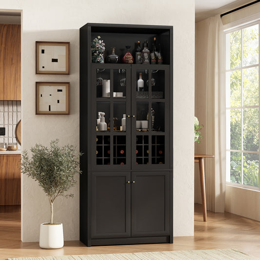 78.7" Tall Wine Cabinet with Glass Doors, Freestanding Home Bar Furniture with 18-Bottle Grid, Stemware Rack, Door Storage Shelves & Adjustable Cabinet for Kitchen, Dining, Black