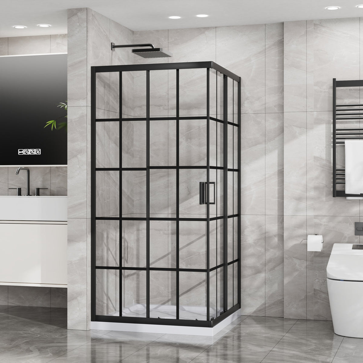Goodyo Corner Shower Door 36 in.D x 36 in. W x 72 in. H, Shower Enclosure with 1/5 in. Clear Tempered Glass Panels with French Grid, Dual Sliding Opening, Matte Black