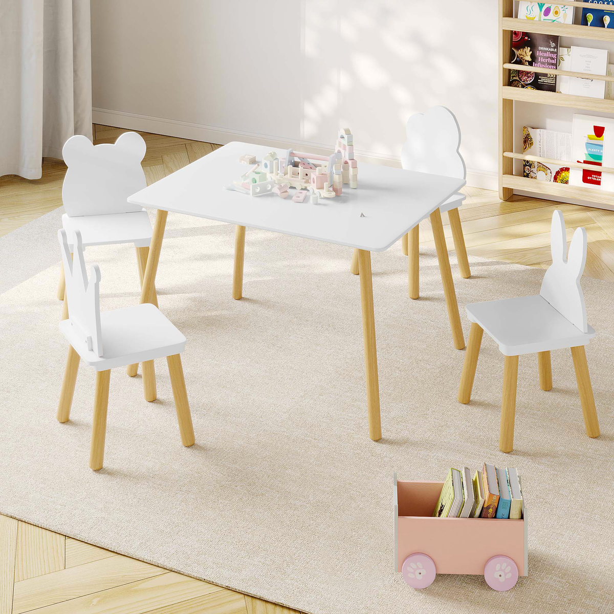 Big Kids Table and 4 Chairs Set, 5 Pieces Toddler Table and Chair Set, Wooden Activity Play Table Set (White)