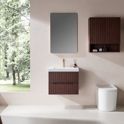 24' Wall Mounted & Floating Single Dark Walnut Bathroom Vanity with Acrylic Integrated White Basin, Pre-assembled Plywood Cabinet With 2 Drawers