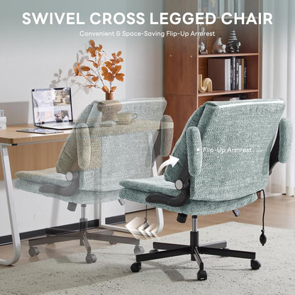 Criss Cross Legged Office Chair with Flip-Up Back Built-In Dynamic Airbag Lumbar Support, Wide Seat Desk Chair with Flip-Up Arms and Wheels, Modern Cross-Leg Chair for Home Office, Vanity, Light Green