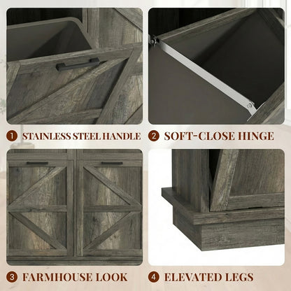 Tilt Out Trash Can Cabinet for Kitchen, Double 10-Gallon Hidden Trash Cabinet with Drawer, Farmhouse Wooden Garbage Cabinet, Dog Proof Trash Can Storage for Kitchen Laundry Living Room Office