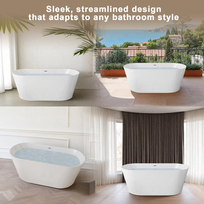 59" Acrylic Freestanding Bathtub, Stand Alone Soaking Tub, Glossy White Acrylic, Toe-tap Chrome Drain, cUPC Certified