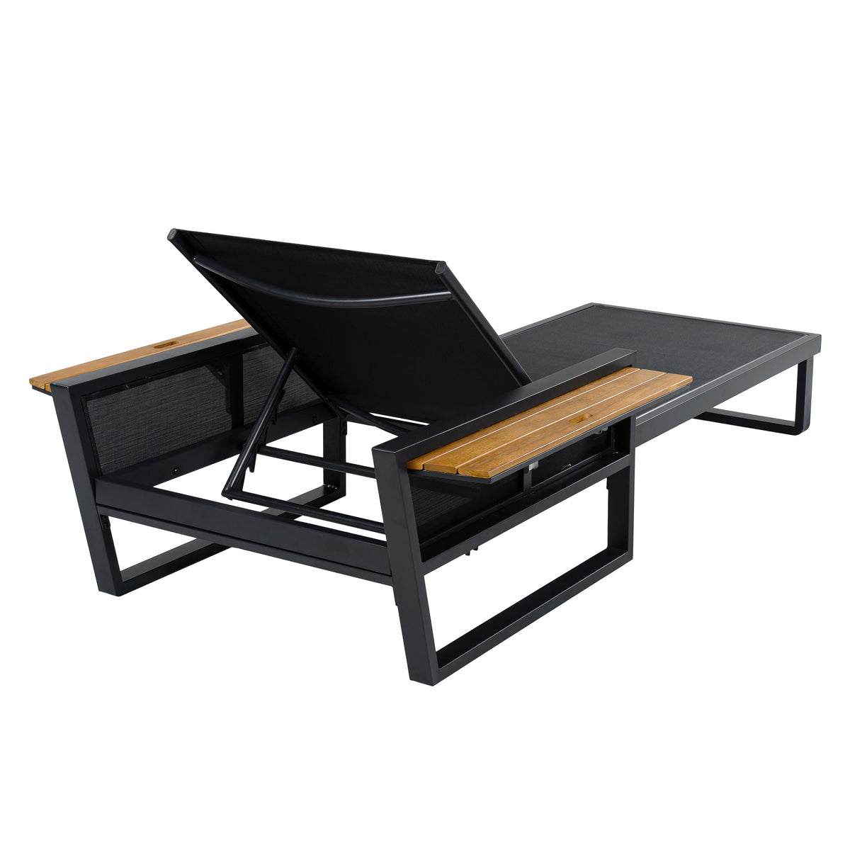 Black Iron & Teak Finish Chaise Lounge Set: 1 Frame + 1 3-Fold Dark Grey Cushion, 400 lbs Capacity, 4-Position Adjustable Backrest, 4" Thick Water-Resistant Cushion for Patio Poolside Backyard