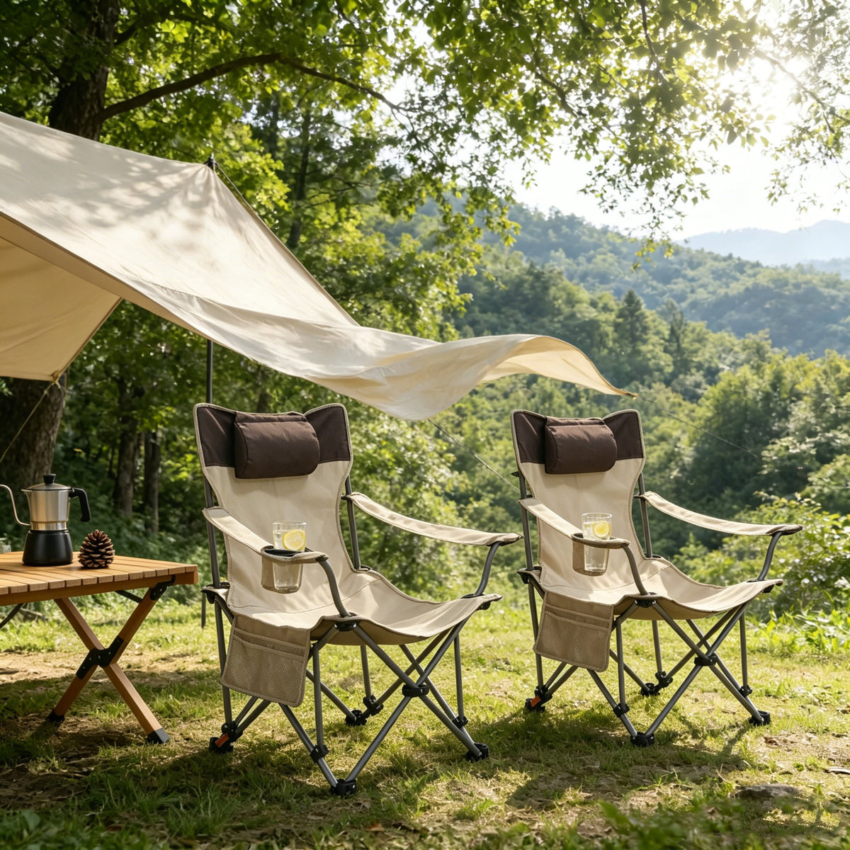 2PCS Outdoor Camping Chairs Folding/Portable/Adjustable reclining chair(Three-level adjustment), Side Pockets & Cup Holder,Carry Bag,Beige