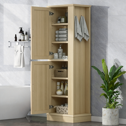 Tall Bathroom Storage Cabinet, Freestanding Storage Cabinet with Hook and Adjustable Shelf, MDF Board, Natural