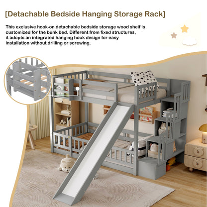 Twin Over twin Bunk Bed with Slide, Storage Staircase, Bedside Storage Rack,LED lights,Pine Solid Wooden Bunk Bed with Safety Guardrails ,Grey