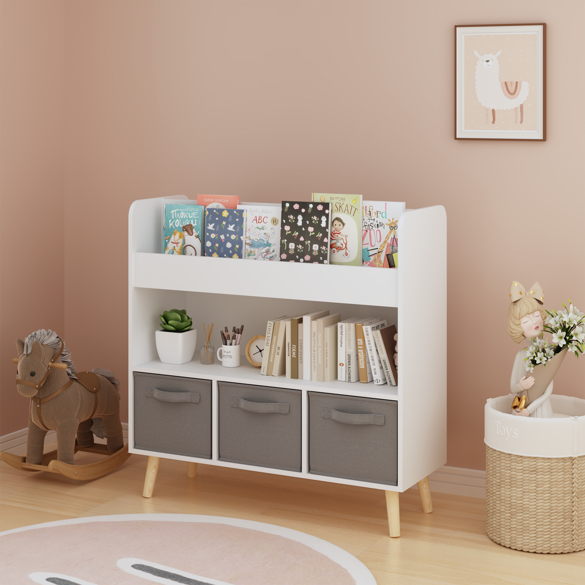 Kids Bookshelf with 3 Fabric Bins, Modern Children's Bookcase with Storage for Toys and Books, Toddler Book Organizer Shelf for Playroom, Bedroom, or Nursery, White and Gray