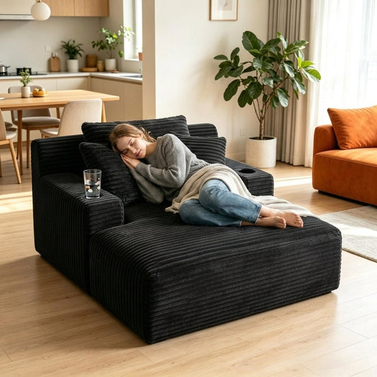 47.24 Inch Wide Chaise Lounge Chair Indoor, Oversized Flannel Upholstered Boneless Sofa Bed, Deep Seat Sleeper Couch Reading Chairs, Cloud Sofas Couches for Living Room, No Assembly Required(Black)