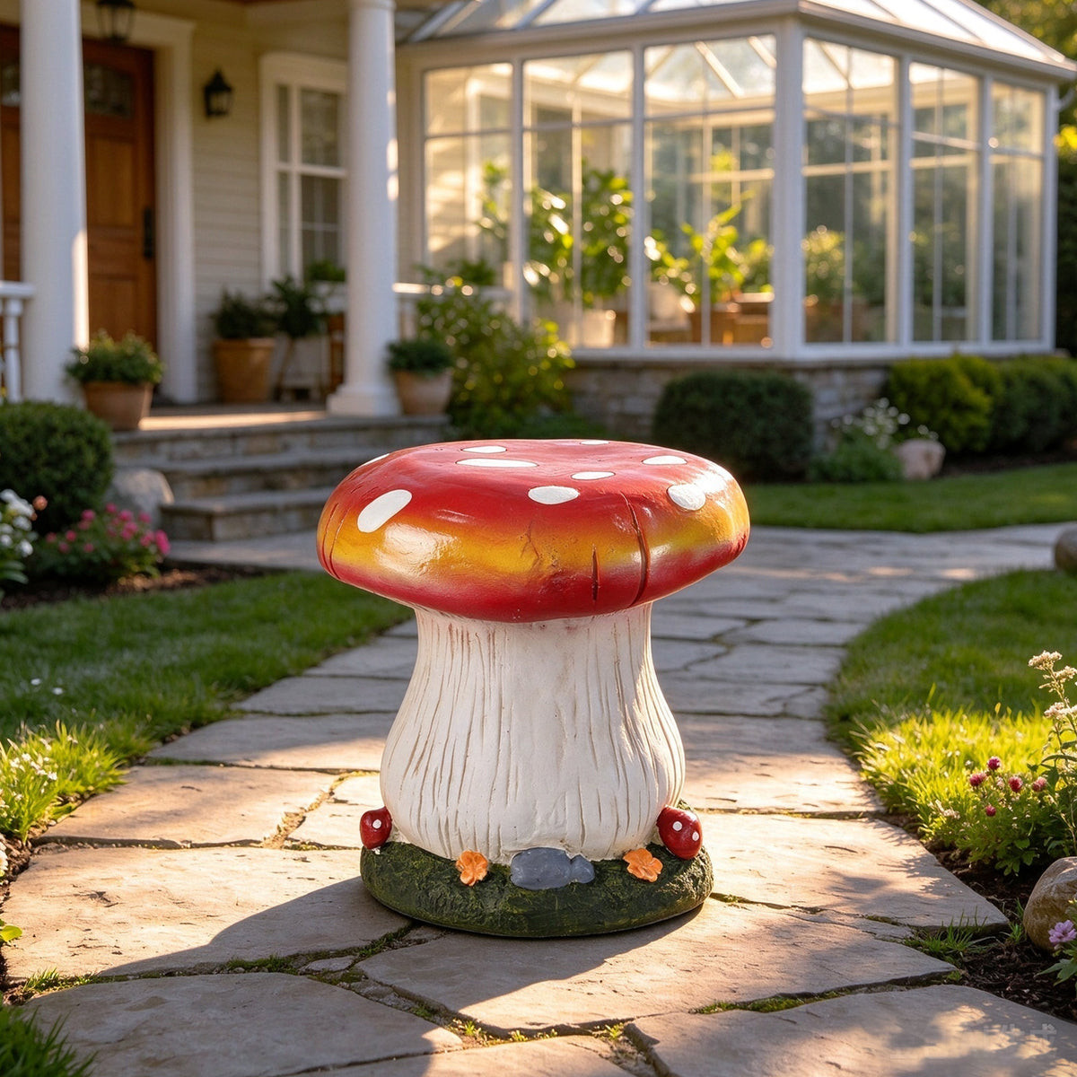 13' Mushroom Stool Garden Statue, Magnesium Oxide Stone Composite Outdoor Stool Decor, Red Cap with Yellow Edge, Sculpture Decor for Yard, Patio, Garden & Backyard, Ideal Gift for Garden Decoration