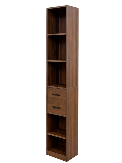 Tall Narrow Bookshelf, Slim Floor-Standing Storage Cabinet with 2 Drawers & 5 Open Shelves, Display cabinet for Living Room, Bedroom, Bathroom