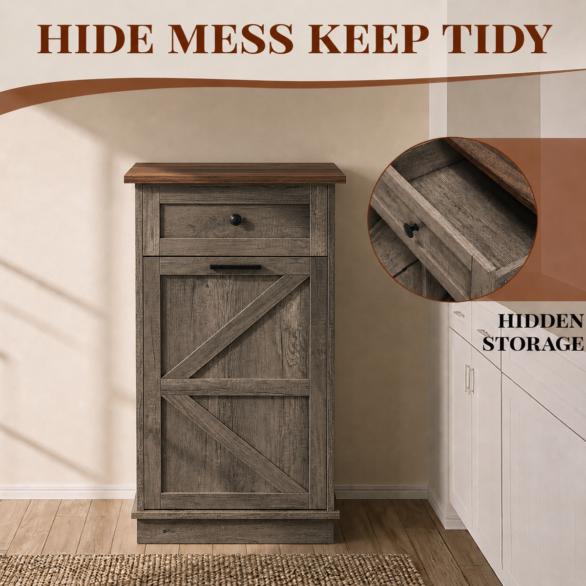 Tilt Out Trash Can Cabinet, 10-Gallon Farmhouse Hidden Garbage Cabinet with Drawer, Dog Proof Wooden Trash Storage Cabinet for Kitchen, Laundry, Living Room, Office