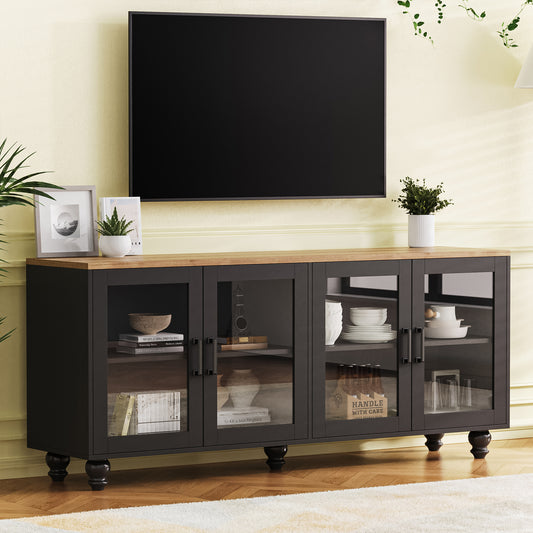 ON-TREND Farmhouse TV Stand with Tempered Glass Doors for TVs Up to 70", Versatile Sideboard with Adjustable Shelves