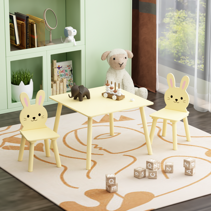 Kids Table and Chair Set with 2 Bunny Chairs, Children's Wooden Activity Table for Toddlers, Cute Animal Design Study Play Set