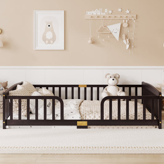 Queen Size Floor Fence Bed with Central Entrance,Pine Wood Floor bed with Guardrails,Espresso