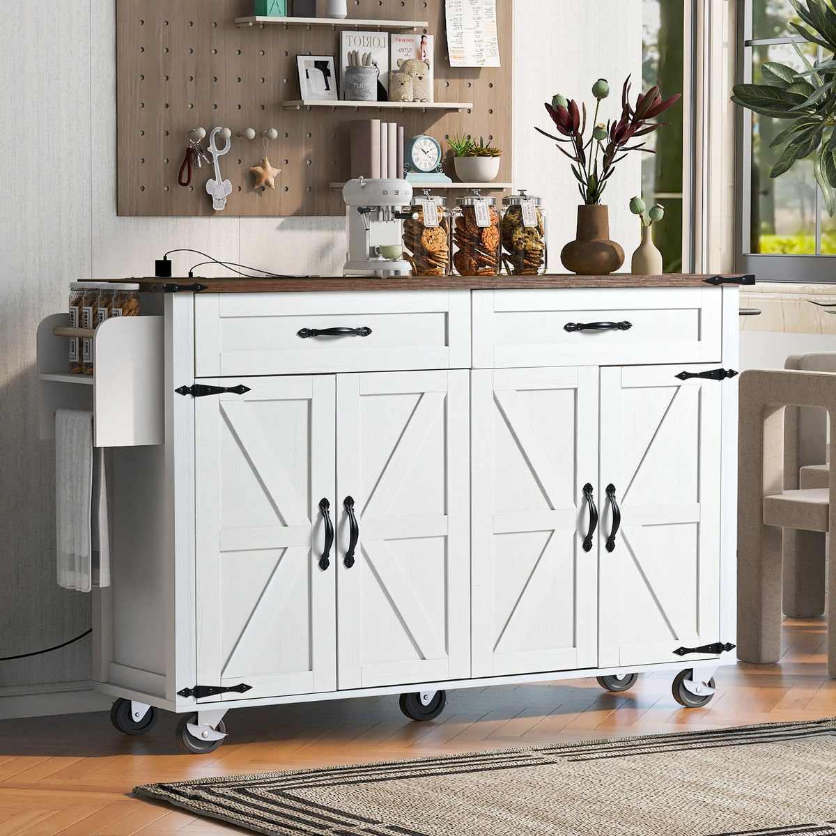 K&K 53.5''Farmhouse Kitchen Island with Power Outlet, Kitchen Storage Island with Drop Leaf, Spice Rack and Drawer