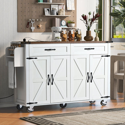 K&K 53.5''Farmhouse Kitchen Island with Power Outlet, Kitchen Storage Island with Drop Leaf, Spice Rack and Drawer