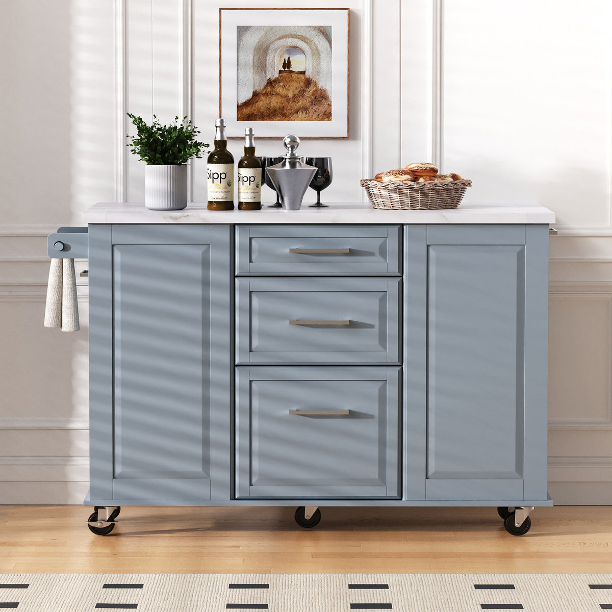 K&K 50.7" Kitchen Island with Storage Tilt Trash Can Cabinet and Pull Out Cabinet Organizer – Blue