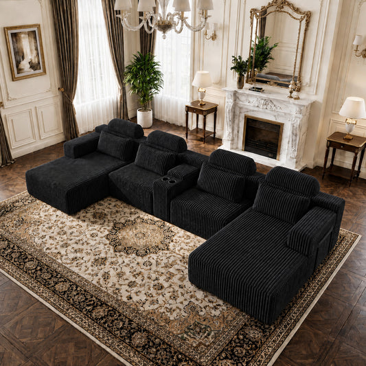 Modern Black corduroy 6-seater U-shaped sofa with lounge chair and cup holder -145.7 inch oversized modular compression sofa, suitable for home theaters, luxury living spaces, tool free assembly