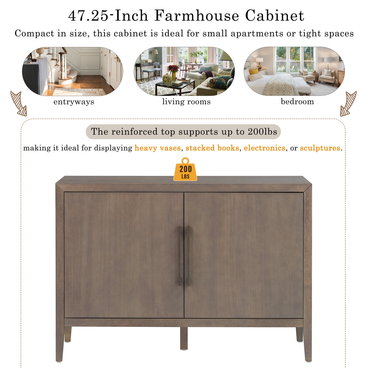 U_STYLE 47.25-Inch Farmhouse Sideboard with Pine Veneer and 2 Doors, Retro Buffet with Adjustable Feet – Model N711P410389D