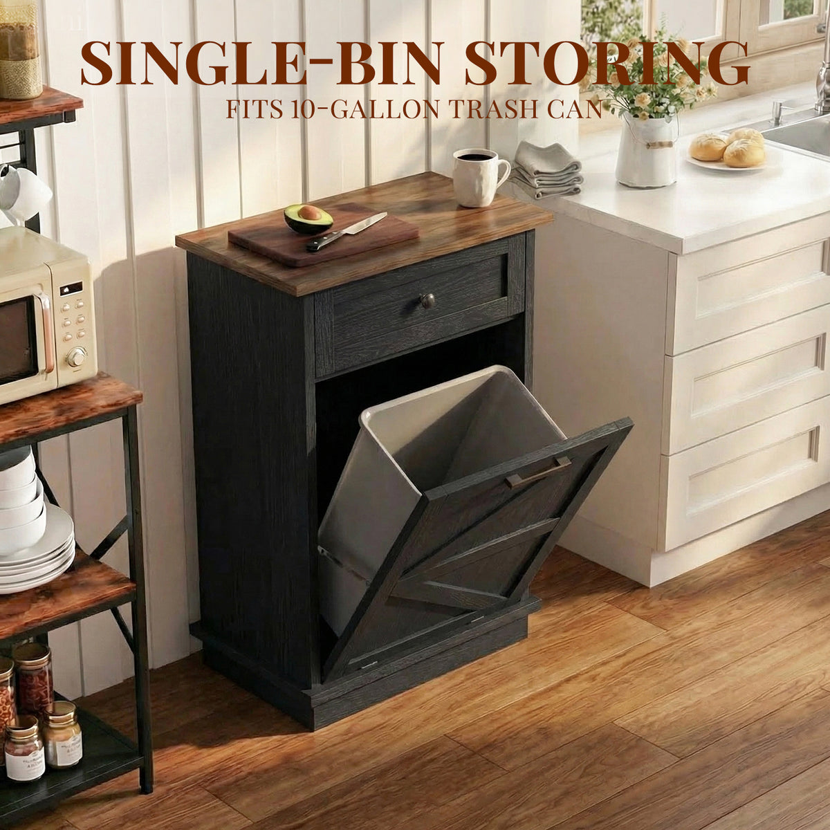 Tilt Out Trash Can Cabinet, 10-Gallon Farmhouse Hidden Garbage Cabinet with Drawer, Dog Proof Wooden Trash Storage Cabinet for Kitchen, Laundry, Living Room, Office