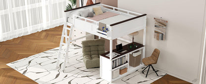 White Queen Size Loft Bed with Desk, Open Shelf, Storage Box and USB Charging Station, Pine+MDF