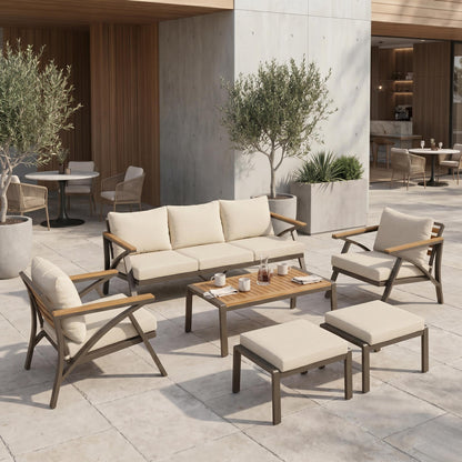 6-Piece Outdoor Patio Furniture Set, Steel Frame Sofa Set with 3-Seat Couch, 2 Armchairs, 2 Ottomans & Acacia Wood Coffee Table, Cushioned Seating for Backyard, Garden, Poolside, Beige Cushion