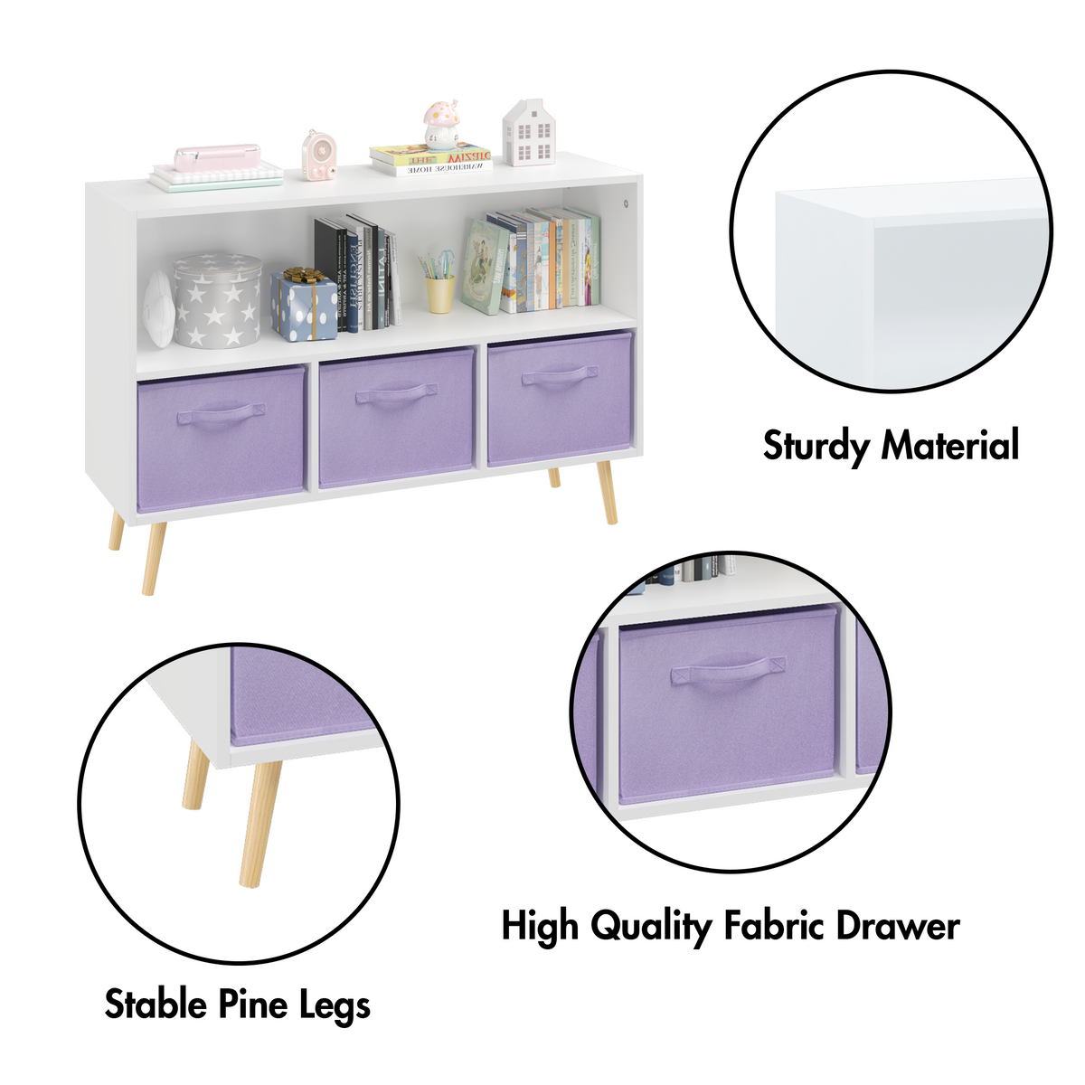 Kids bookcase with Collapsible Fabric Drawers, Children's Book Display, Toy Storage Cabinet Organizer, White/Purple