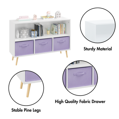 Kids bookcase with Collapsible Fabric Drawers, Children's Book Display, Toy Storage Cabinet Organizer, White/Purple