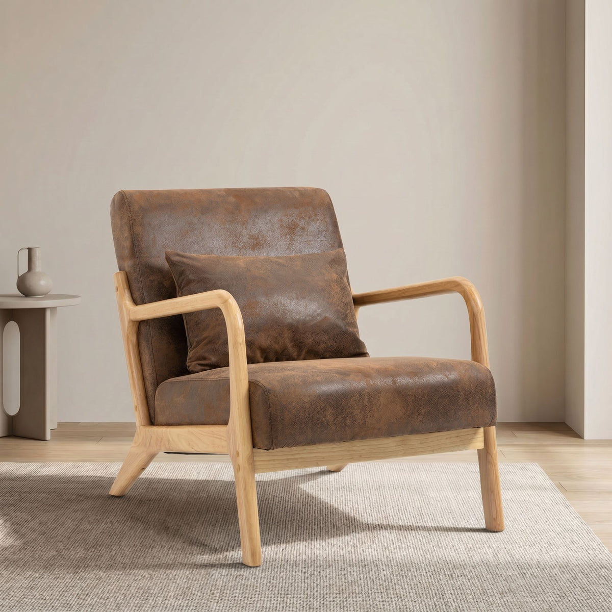 Mid Century Modern Accent Chair with Wood Frame, Upholstered Living Room Chairs with Waist Cushion, Reading Armchair for Bedroom Sunroom – Antique Brown