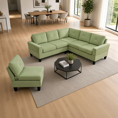 95.5 x 75 Inches Width Apple Green Modular L-Shaped Sectional Sofa 6-Seater 4-Piece Massa Flannel  Fabric Couch with Chaise