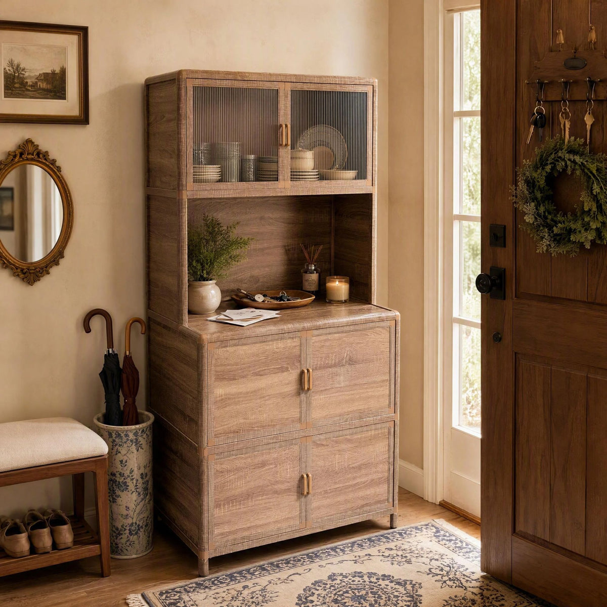 Tall Storage Cabinet, 31.50" W x 19.69" D x 65.75" H, Freestanding Indoor & Outdoor Storage Cabinet with Ribbed Acrylic Doors, 6-Door Utility Cabinet for Kitchen, Entryway, Patio & Garage