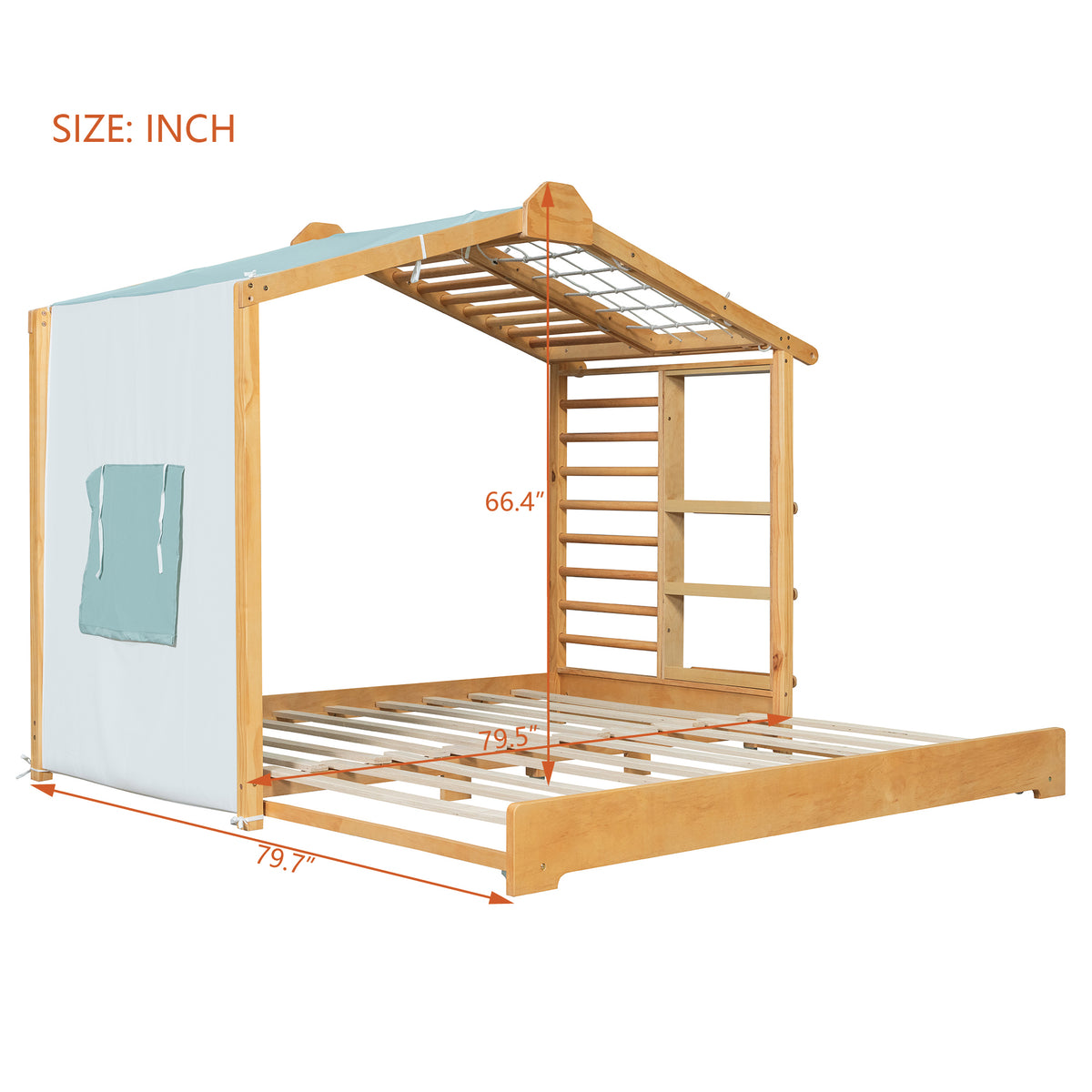 Twin Size House Bed with Twin Size Trundle and Side Shelves, Natural