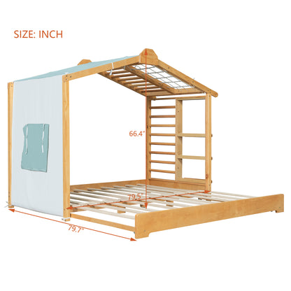 Twin Size House Bed with Twin Size Trundle and Side Shelves, Natural