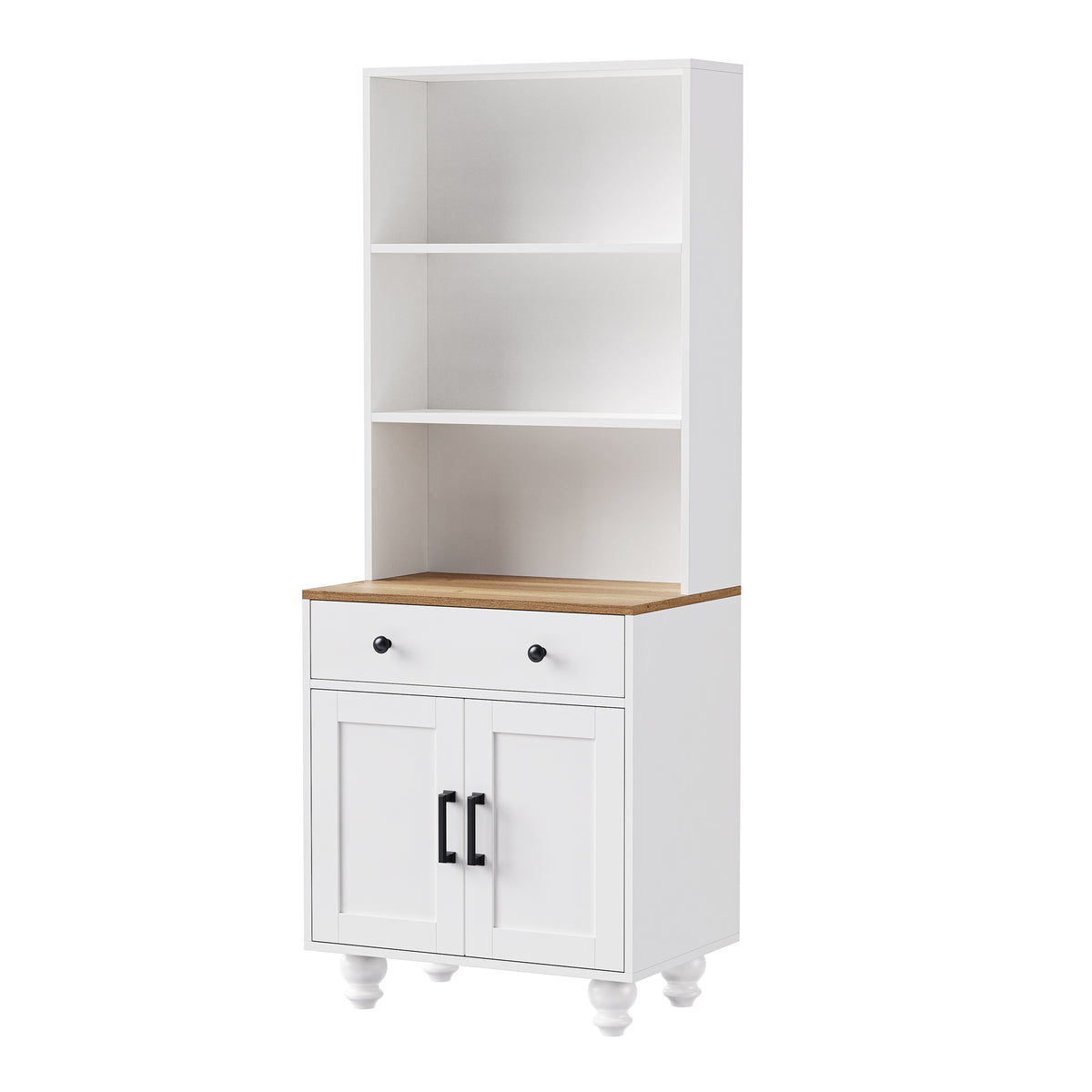 ON-TREND Farmhouse Storage Cabinet with 4 Solid Wood Gourd-Shaped Legs, Modern Kitchen Pantry Cabinet with Adjustable Shelves – White