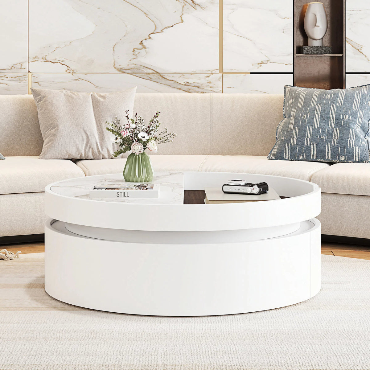 White Round Lift Coffee Table with 1 Drawer in 29.5', Marble Veneer and Wood Grain Tabletop