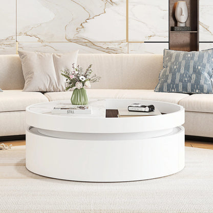 White Round Lift Coffee Table with 1 Drawer in 29.5', Marble Veneer and Wood Grain Tabletop