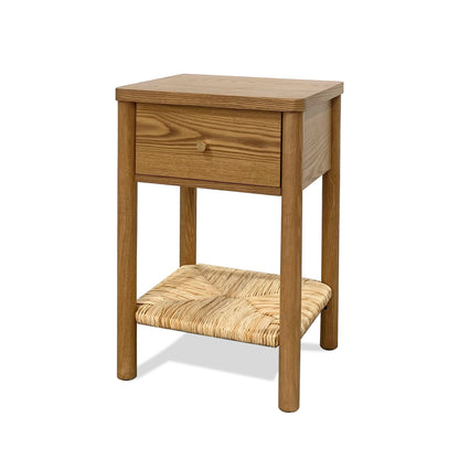 Walnut Ainsley Nightstand Side End Table with Rounded Edge Tabletop, Solid Wood Round Legs, Woven Jute Storage Shelf & Drawer, for Bedroom Living Room