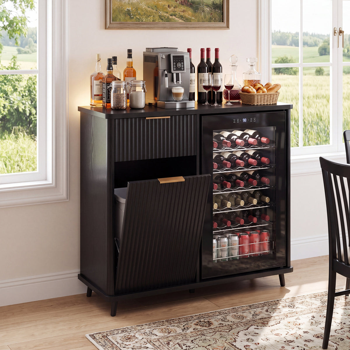 Fluted Coffee Bar Cabinet with Mini Fridge Space & Charging Station, Home Bar Cabinet with Hidden Trash Can Storage & Drawer for Kitchen, Dining Room or Living Room,Black