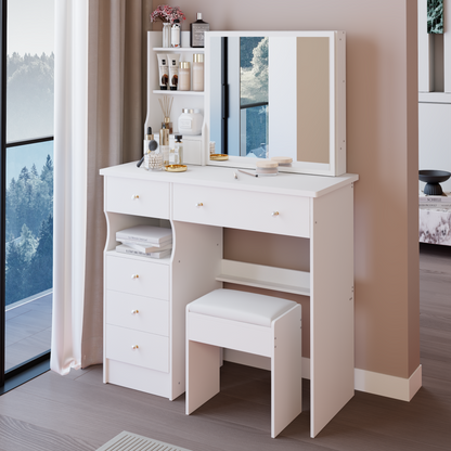 37" Left Drawer Desktop Makeup Vanity Table + Cushioned Stool, Extra Large Right Sliding Mirror, Multi Layer High Capacity Storage