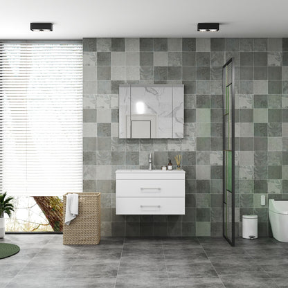32-Inch White Gloss Wall-Mounted Bathroom Vanity with Double Drawers, Soft-Close System,Ceramic Sink, Create a Modern and Minimalist Bathroom Space!