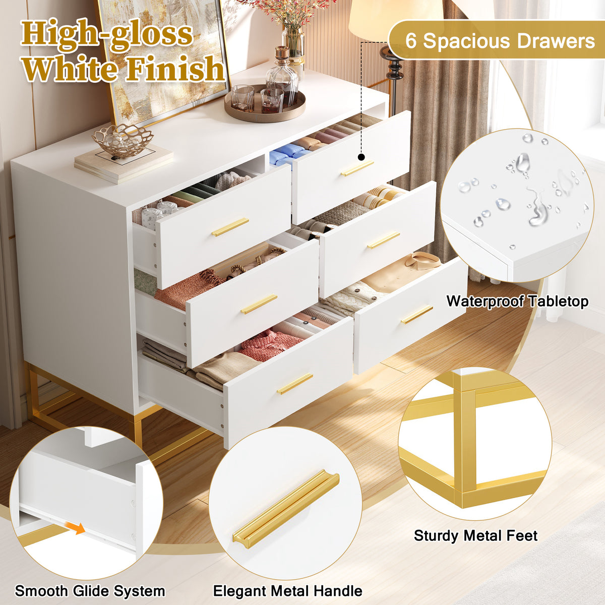 Modern 6 Drawer Dresser with Gold Metal Legs, Large Storage Chest of Drawers for Bedroom, Contemporary Wood Cabinet with Gold Handles, High-gloss White Finish