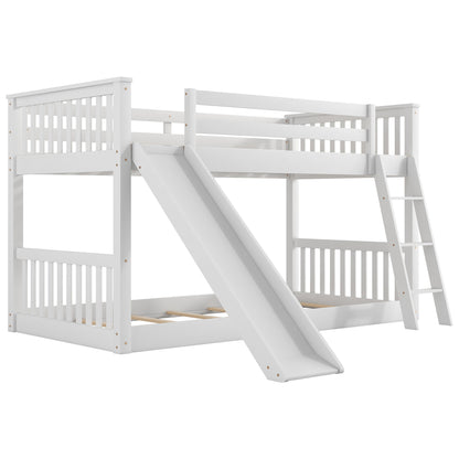 White Twin over Twin Bunk Bed with Convertible Slide and Ladder, Pine Wood, 79.1''L x 42.1''W x 49.4''H