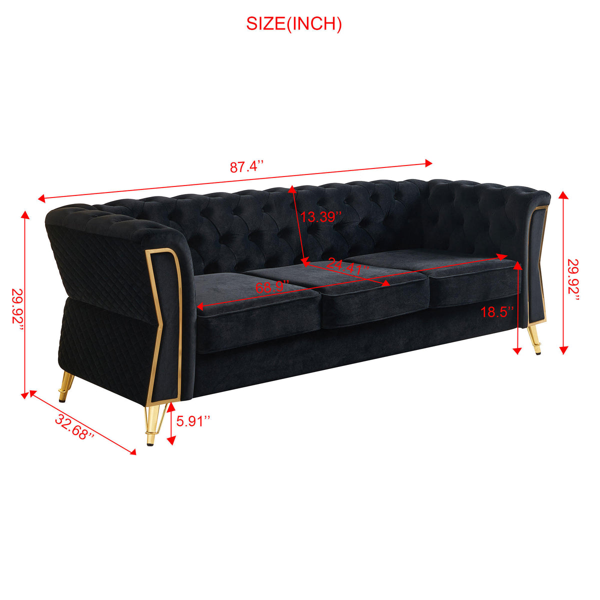 Modern Tufted Velvet Sofa 87.4 inch for Living Room Black Color